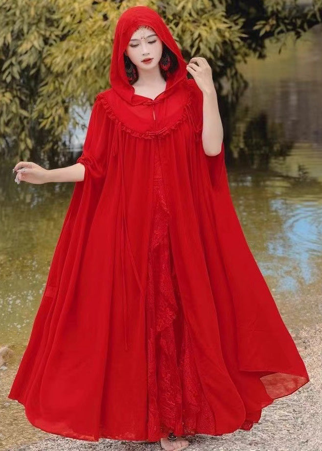 Ensemble deux pièces cape et robe rouge à capuche en mousseline de soie de style rétro XX021