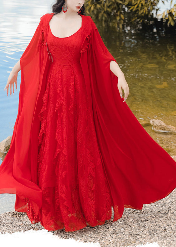 Retro Vacation Style Chiffon Hooded Red Cape And Dress Two-Piece Set XX021