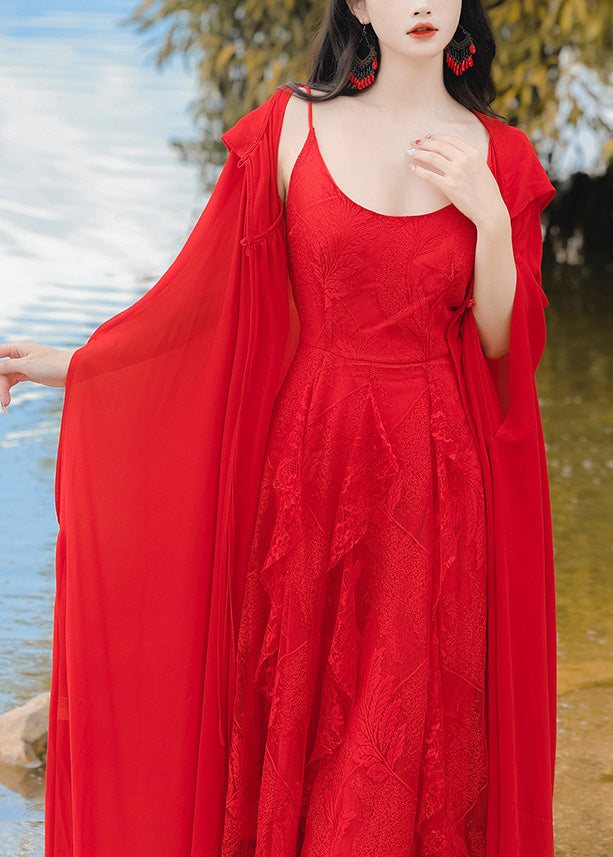 Ensemble deux pièces cape et robe rouge à capuche en mousseline de soie de style rétro XX021