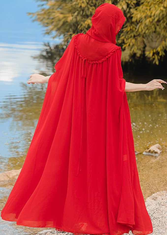 Ensemble deux pièces cape et robe rouge à capuche en mousseline de soie de style rétro XX021