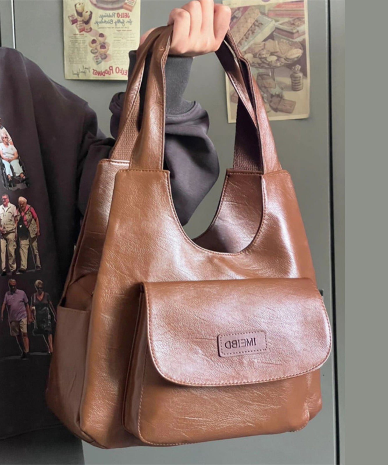 Vielseitige Handtasche aus Kunstleder im Retro-Stil mit großem Fassungsvermögen, braun, SX1007