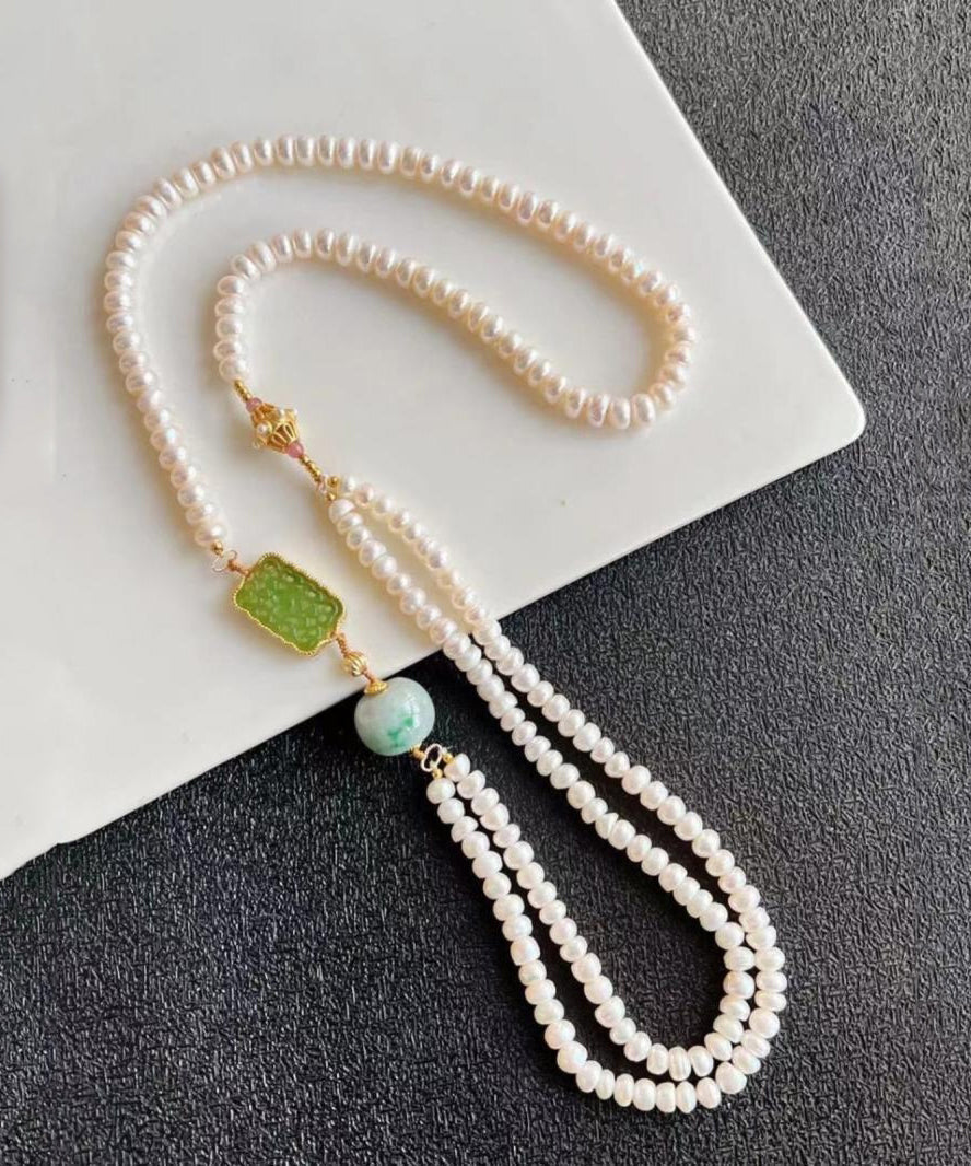 Gratuated Necklace Pearl White Beading Jade Bead Alloy Retro