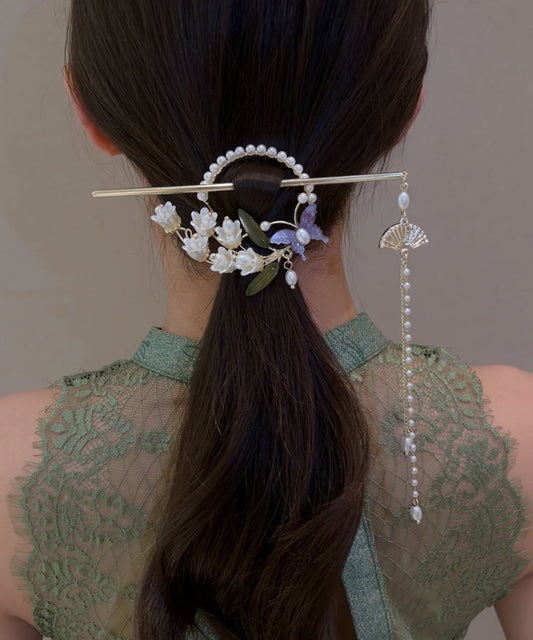 Épingle à cheveux rétro en alliage blanc avec perles et pompon en forme de muguet AB1083