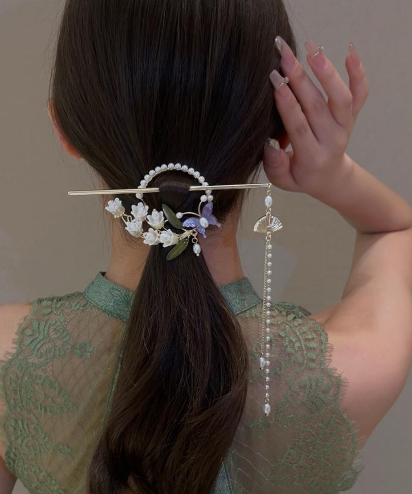 Retro White Alloy Pearl Lily Of The Valley Tassel Hairpin QD027