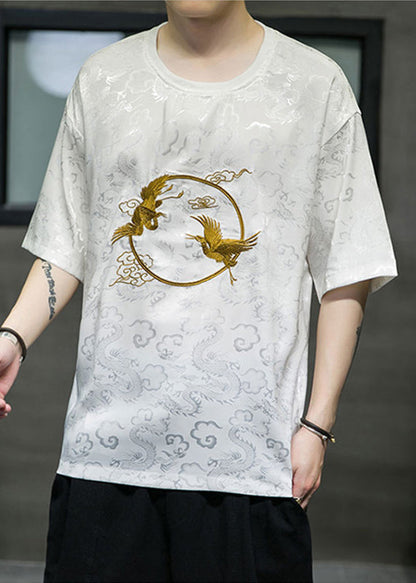 Retro White O-Neck Oriental Embroideried Ice Silk Mens T Shirts Summer HG002