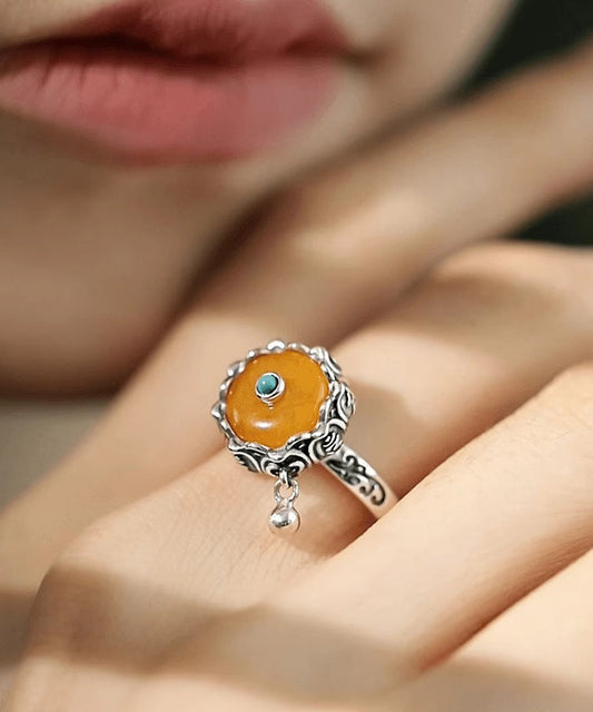 Bague rétro en argent sterling jaune et jade turquoise YR004