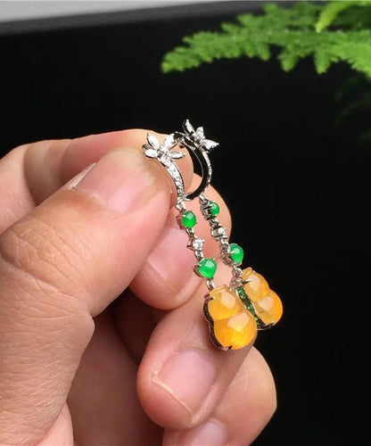 Retro Yellow Sterling Silver Zircon Jade Gourd Drop Earrings AC1049