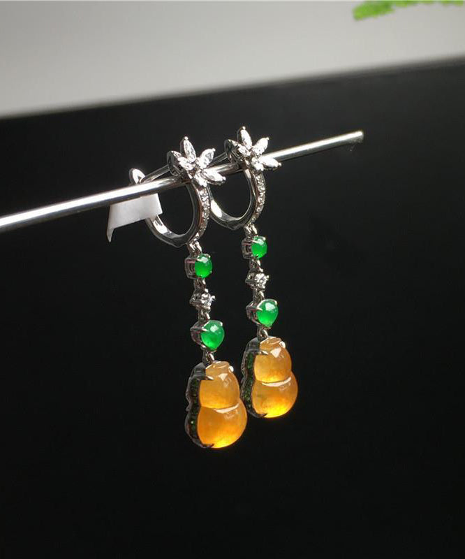 Boucles d'oreilles pendantes rétro en argent sterling jaune et zircone avec gourde en jade AC1049