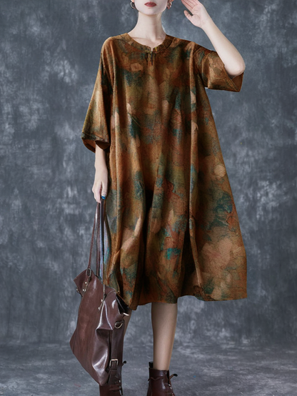 Grace Stand Collar Button Print Linen Dress Summer QR019