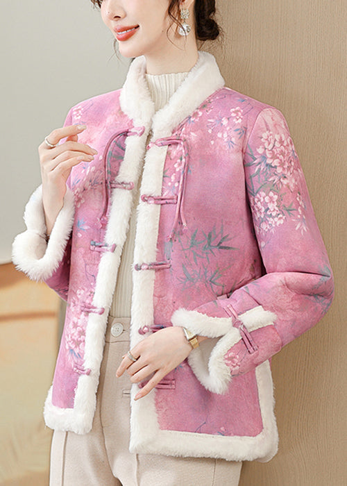 Rose Button Pockets Warm Fleece Winter Parkas Coat Fur Collar RZ026