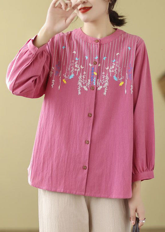 Rose Linen Top Embroidered Stand Collar Button Long Sleeve FF004