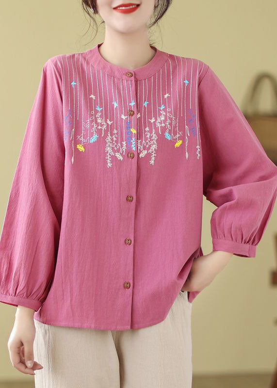 Rose Linen Top Embroidered Stand Collar Button Long Sleeve FF004