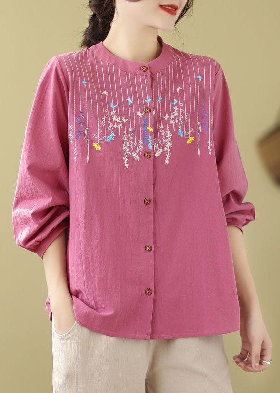 Rose Linen Top Embroidered Stand Collar Button Long Sleeve FF004