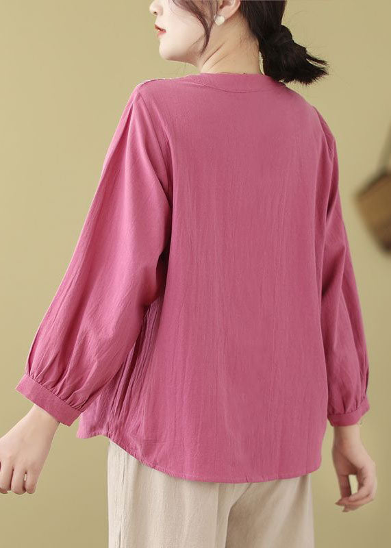 Rose Linen Top Embroidered Stand Collar Button Long Sleeve FF004