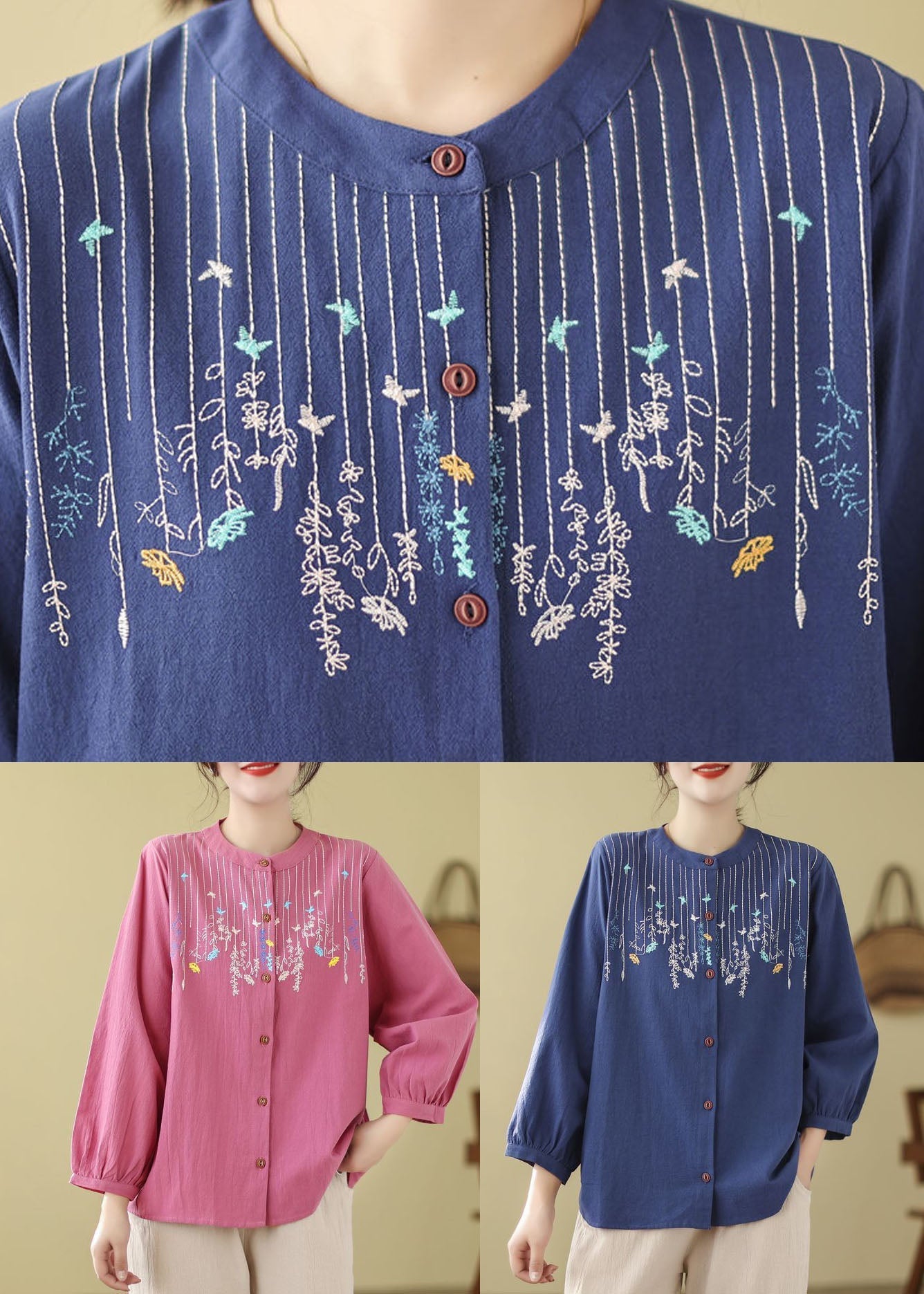 Rose Linen Top Embroidered Stand Collar Button Long Sleeve FF004