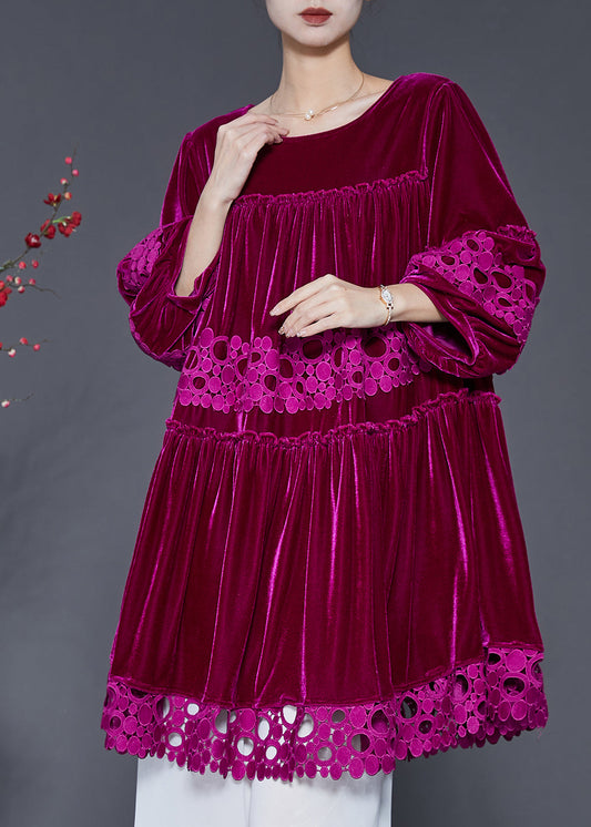 Robe en velours de soie et dentelle patchwork rose surdimensionnée à manches lanterne SD1066