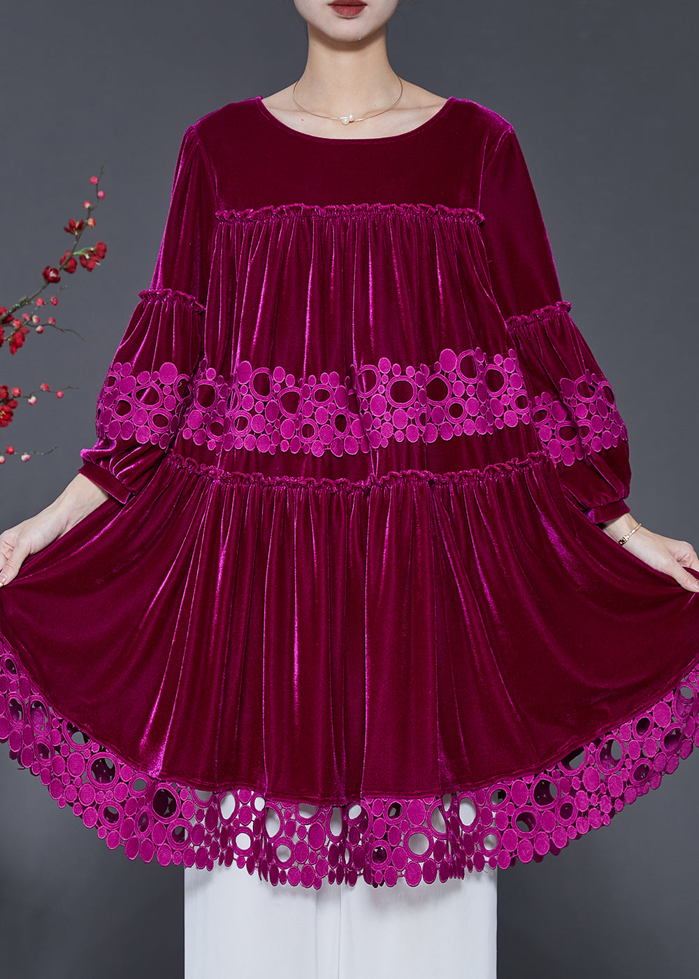 Robe en velours de soie et dentelle patchwork rose surdimensionnée à manches lanterne SD1066