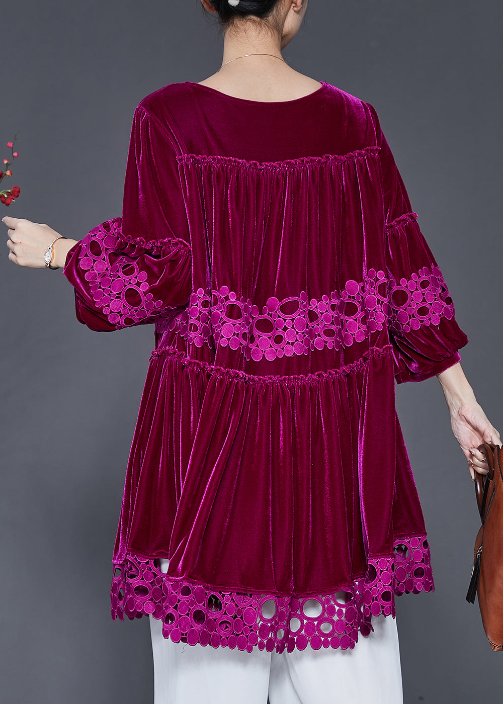 Robe en velours de soie et dentelle patchwork rose surdimensionnée à manches lanterne SD1066