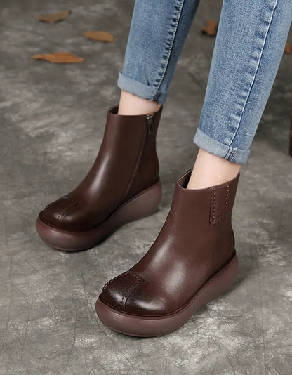 Round Head Handmade Retro Comfortable Wedge Boots Ada Fashion