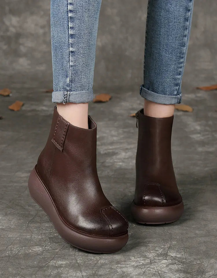 Round Head Handmade Retro Comfortable Wedge Boots Ada Fashion