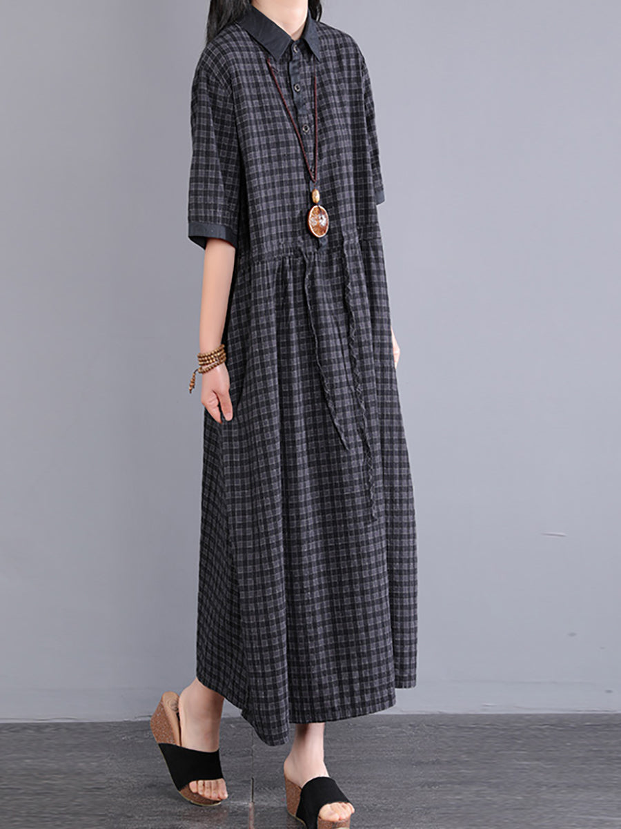 Plus Size Women Artsy Plaid Cotton Linen Dress KL1021