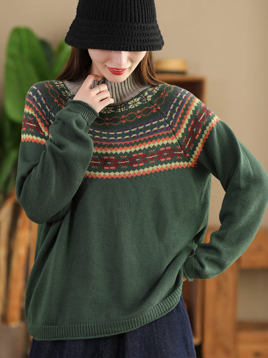 Women Vintage Autumn Jacquard Half Turtleneck Sweater AI1005