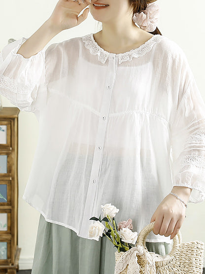 Women Artsy Solid Lacework Button-up Ramie Shirt HH043