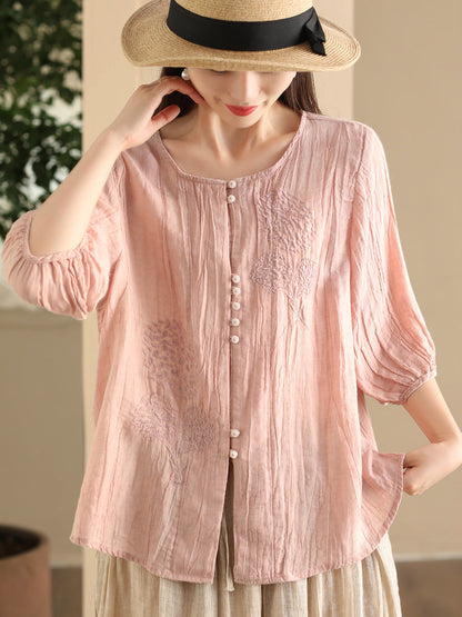 Women Summer Vintage Embroidery Solid Button Ramie Shirt FD012