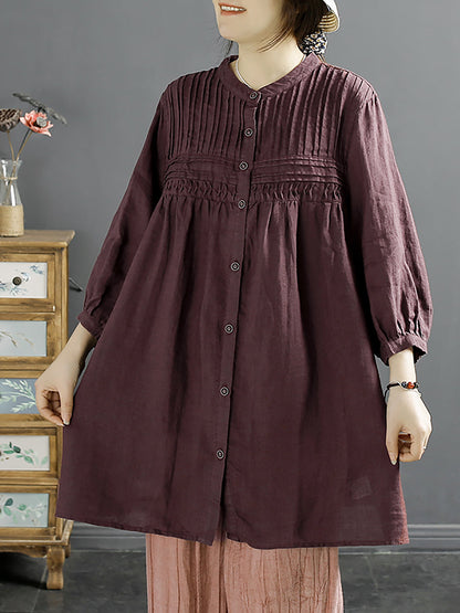 Women Artsy Summer Shirred Solid Linen Shirt SC1058