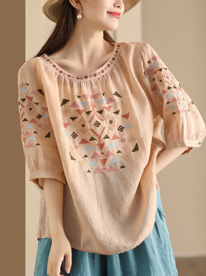 Women Summer Vintage Embroidery O-Neck Ramie Shirt OP1042