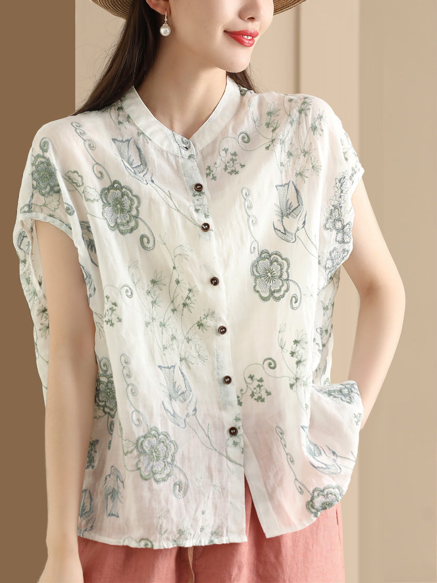 Chemise d'été en ramie à boutons et broderies de fleurs vintage pour femmes OO1048