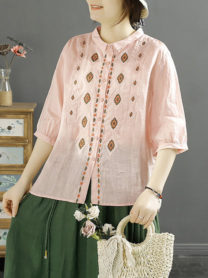 Women Ethnic Rhomboids Embroidery Ramie Button Up Blouse KL1031