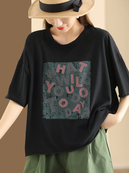 Women Summer Casual Print O-Neck Loose Cotton Shirt ZZ1054