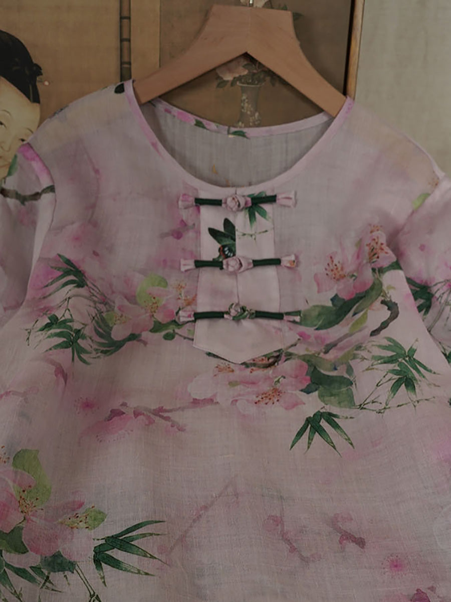 Chemise d'été à boucle en ramie à fleurs ethniques pour femmes PA1015