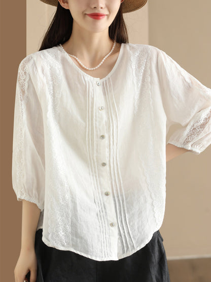 Women Summer Artsy Lace Spliced Ramie Button-Up Shirt II1020