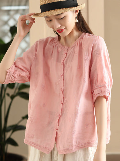 Women Summer Vintage Embroidery Button-up Ramie Shirt CX007