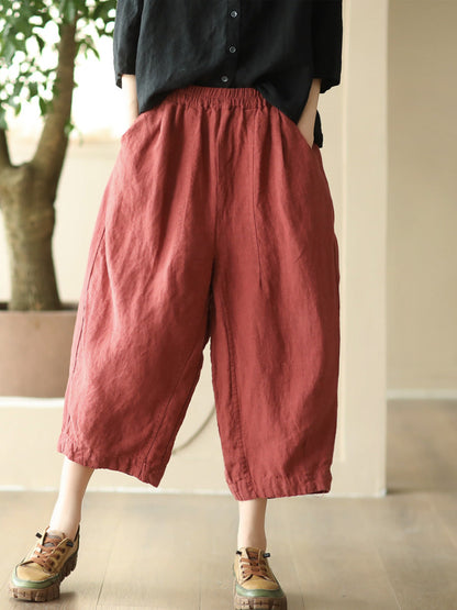 Women Summer Retro Solid Linen Loose Harem Pants FD009