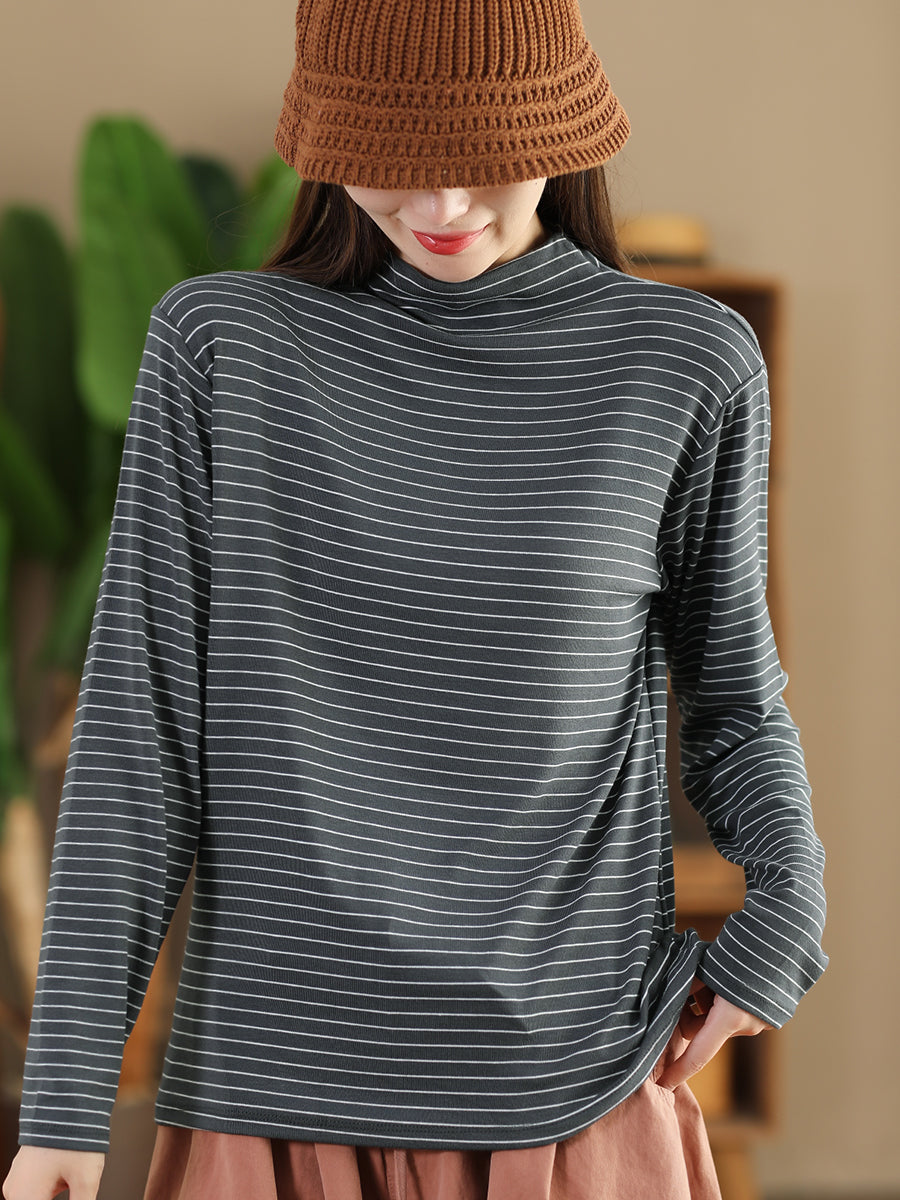 Women Autumn Casual Stripe Half Turtleneck Blouse AI1064