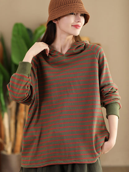 Women Casual Autumn Stripe Colorblock Hooded Sweatshirt AI1025