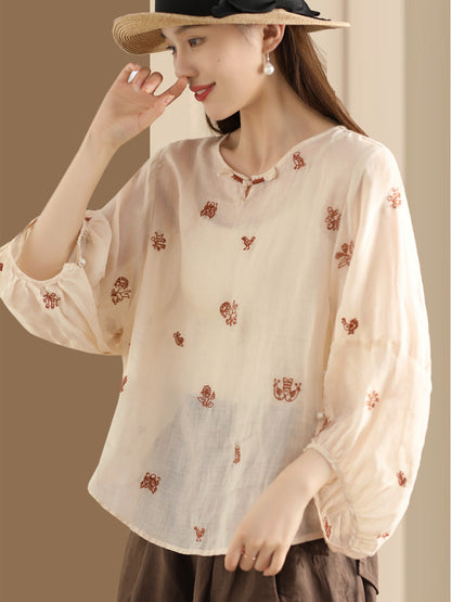 Women Summer Vintage Flower Embroidery Ramie Shirt AA1042