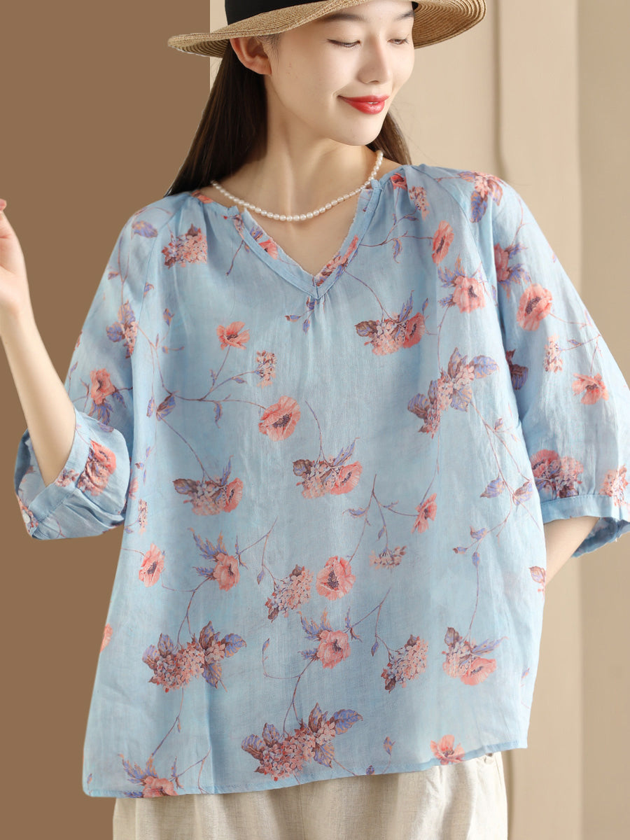 Chemise ample à col en V et fleurs d'été pour femmes OO1035