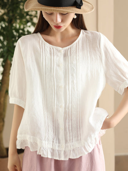 Women Summer Vintage Embroidery Button-up Strap Ramie Shirt FD018