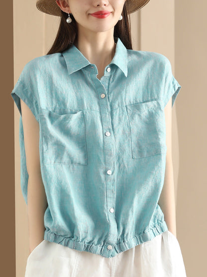 Women Summer Casual Plaid Button-up Linen Shirt HH013