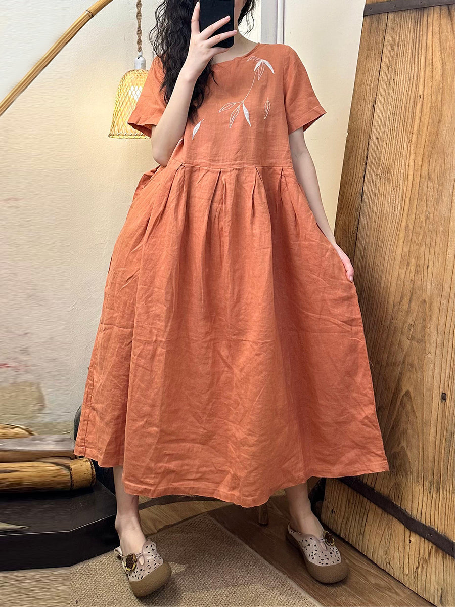 Women Summer Casual Bamboo Embroidery Strap Linen Dress IO1001