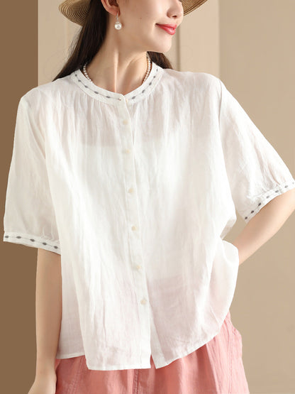 Women Summer O-Neck Embroidery Button-up Ramie Shirt PP1035