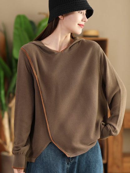 Women Autumn Casual Split Hem Knit Hooded Blouse AI1066