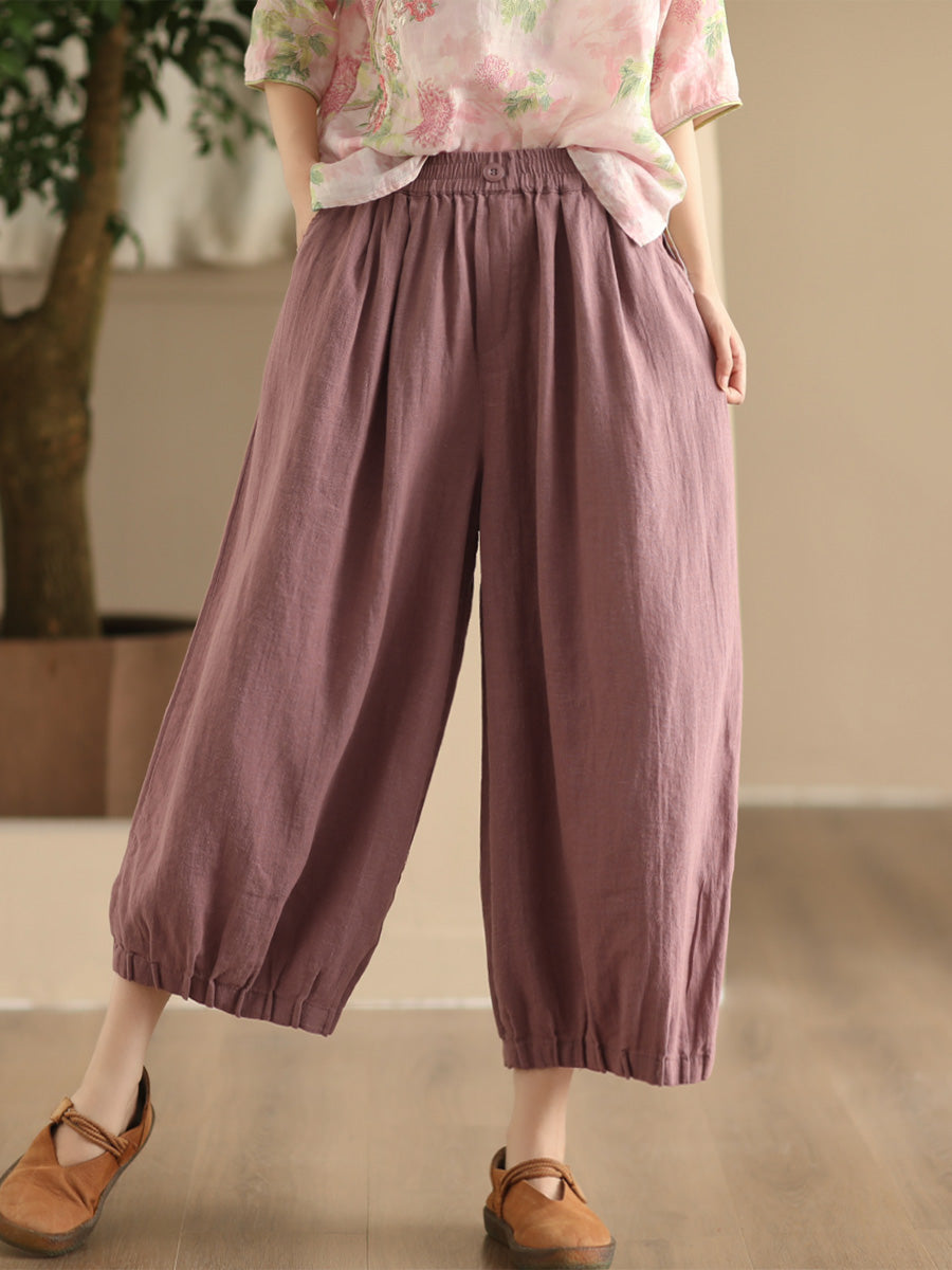 Damen Sommer Vintage Hose aus massivem Leinen mit weitem Bein FD038