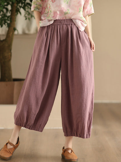 Women Summer Vintage Solid Linen Wide-leg Pants FD038