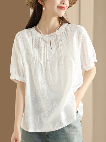 Women Artsy Solid Jacquard Shirred Cotton Loose Shirt XX1018