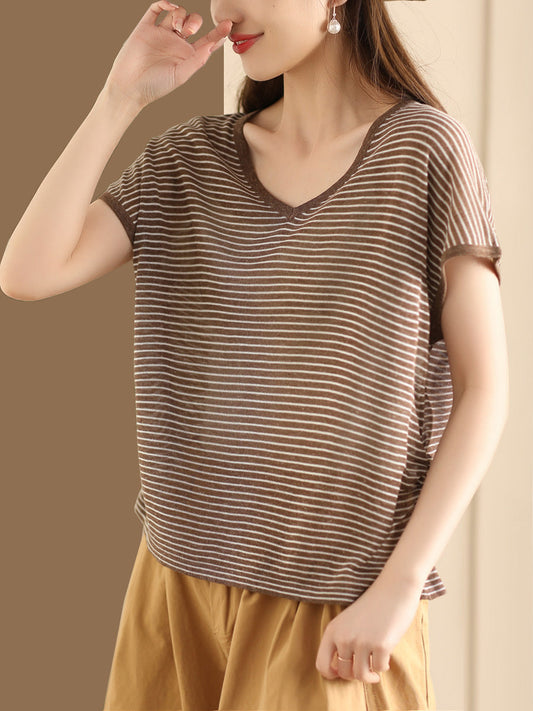 Women Summer Casual Stripe V-Neck Shirt AA1013
